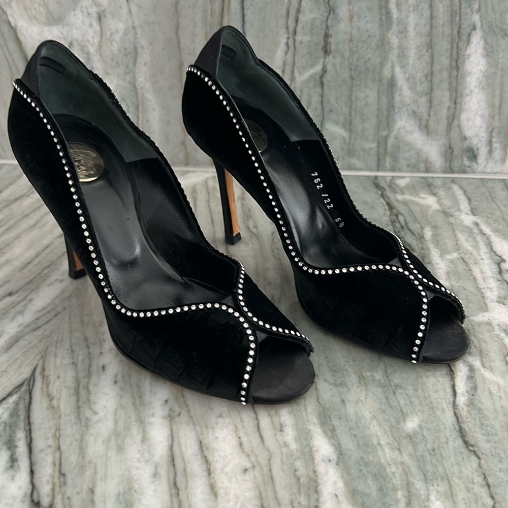 Versace black velvet embossed crystal open toe pumps. Couture